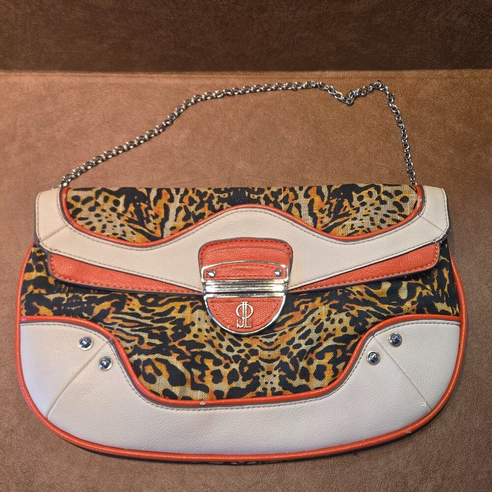 Jennifer Lopez Clutch Purse- Orange, Cream and Cheetah print- shoulder strap